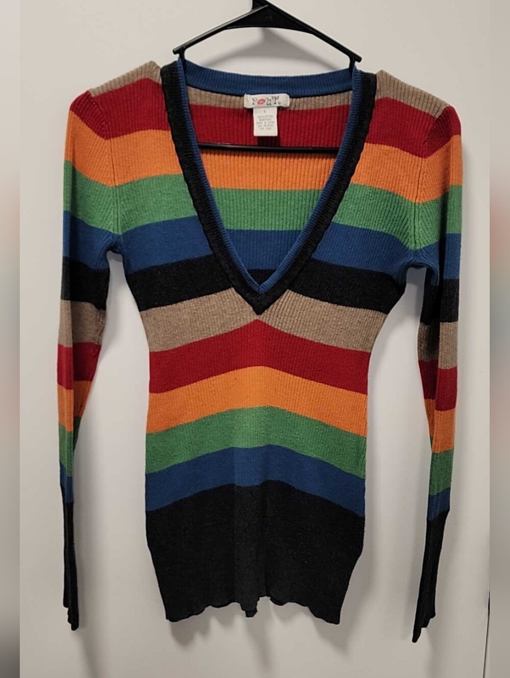 Vintage Y2K POUT Rainbow Striped Ribbed Knit V-Neck Sweater Size L